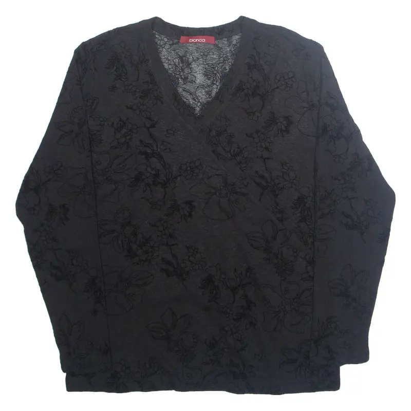 Bianca Womens Printed Top Black V-Neck Long Sleeve Floral M 1