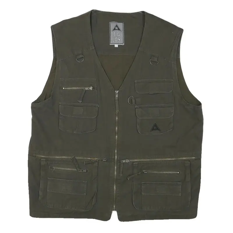 Big Jos Mens Green Cotton Blend Utility Vest L Cotton Blend Plain Outdoor Zip 1