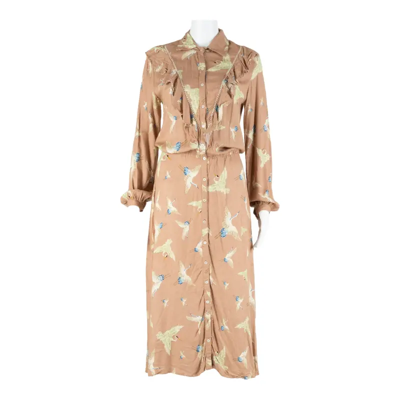 Birds Womens Day Dress Pink Crazy Pattern Long Sleeve Midi L 1