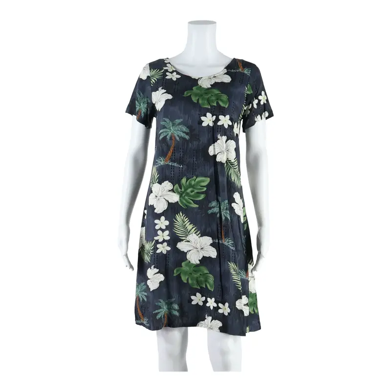 Bishop St Apparel Hawaiian Womens Day Dress Blue Floral Short Sleeve Midi S 1