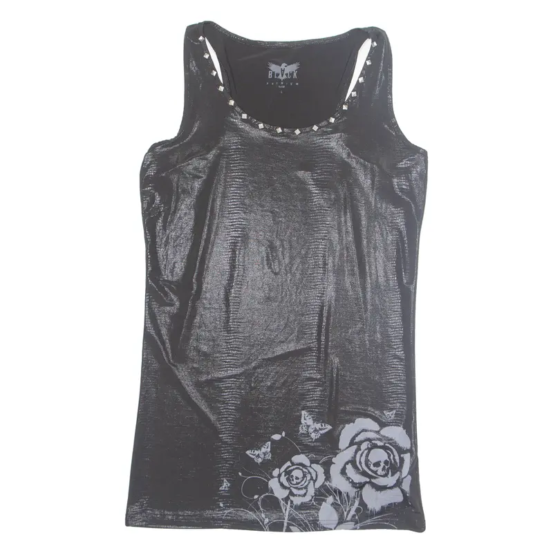 Black Premium Metallic Skull Womens Printed Vest Black Sleeveless M 1