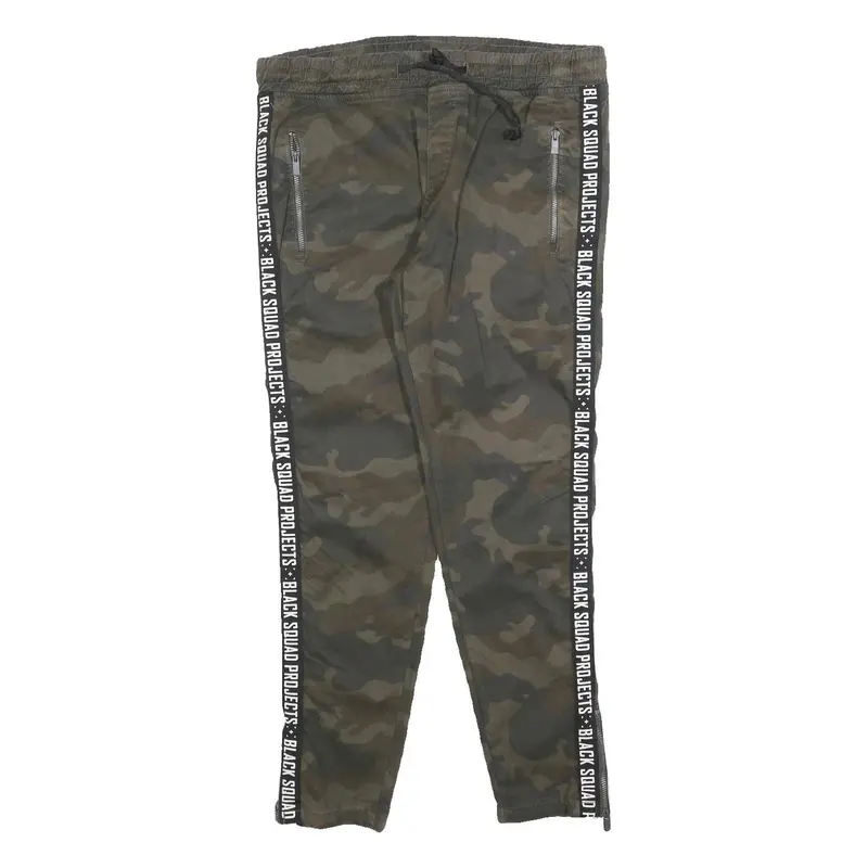 Black Squad Mens Cotton Blend Green Camouflage Slim Tapered Trousers W34 L30 1