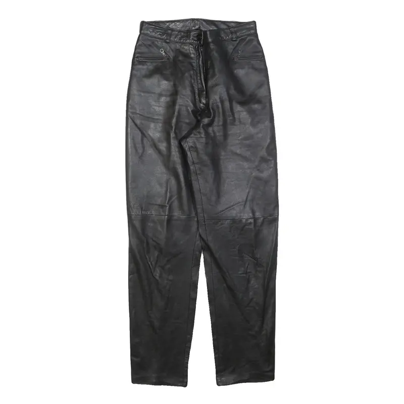 Black Womens Regular Fit Leather Trousers W26 L30 Zip Closure Stylish 1