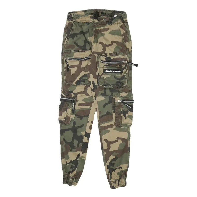 Blacksquad Womens Cotton Blend Green & Brown Camo Relaxed Cargo Trousers W26 L29 1
