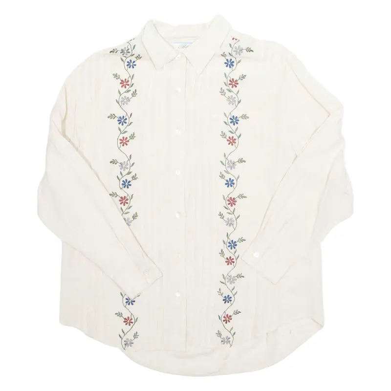 Blue Spruce Embroidered Womens Shirt Beige Collared Long Sleeve Linen Floral Xl 1