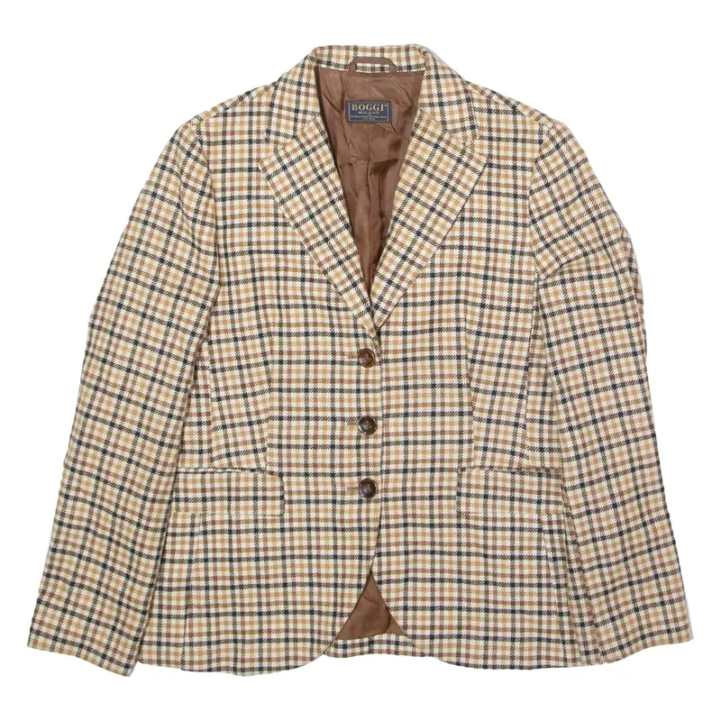 Boggi Womens Blazer Jacket Beige Wool Check Uk 14 1