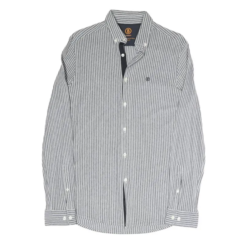 Bogner Mens Grey & White Stripe Cotton Blend Shirt M Button-Down Collar Long 1