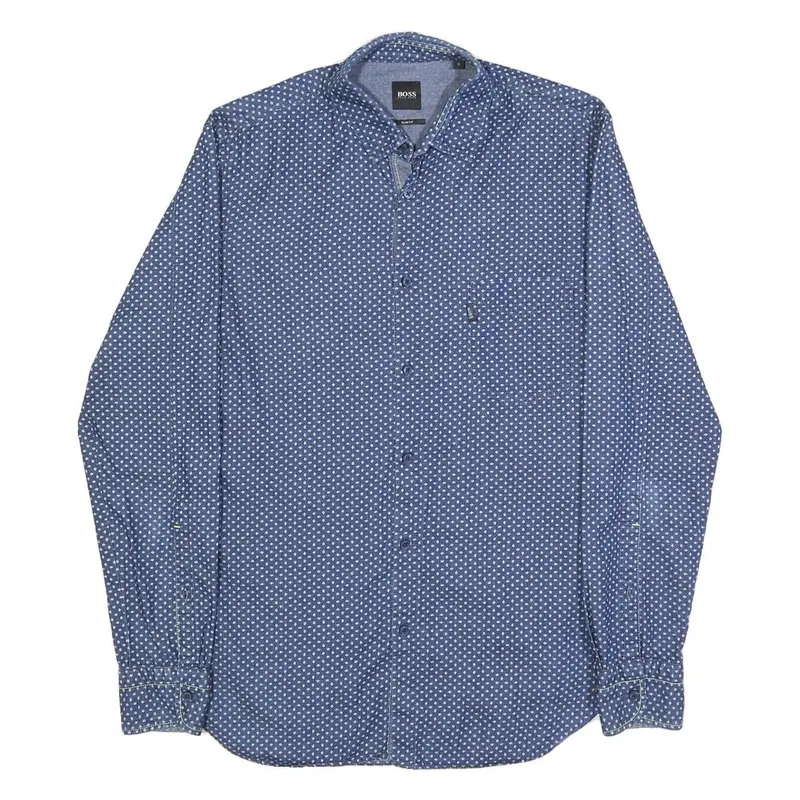 Boss Hugo Boss Mens Blue & White Patterned Shirt S Cotton Long Sleeve Casual 1