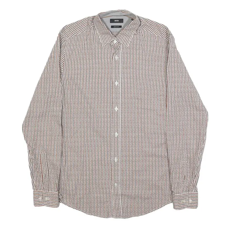 Boss Hugo Boss Mens Brown & Blue Check Shirt S Cotton Formal Button Collar 1