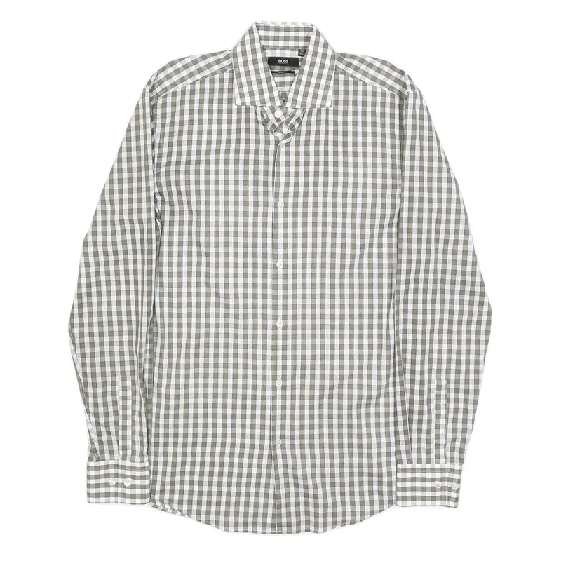 Boss Hugo Boss Mens Green & White Check Shirt M Cotton Classic Smart 1