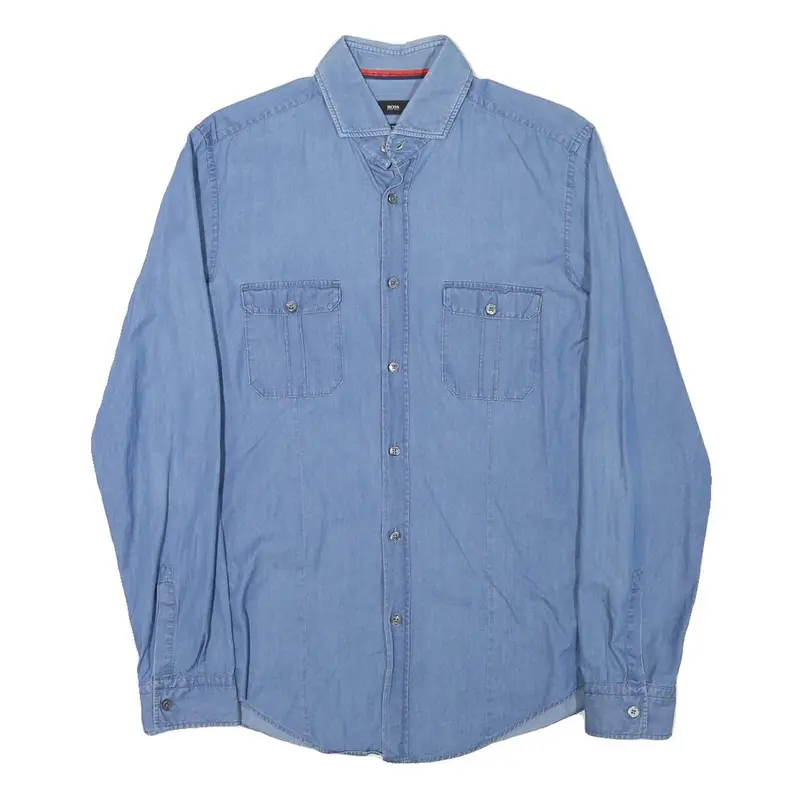 Boss Mens Blue Cotton Blend Casual Shirt M Button Pockets Long Sleeve 1