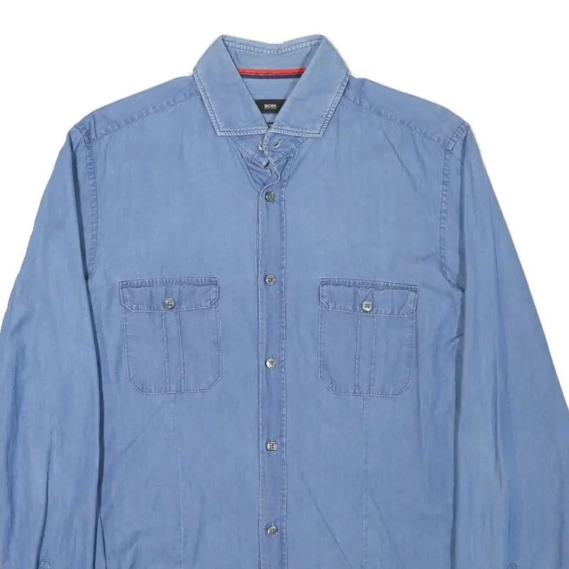 Boss Mens Blue Cotton Blend Casual Shirt M Button Pockets Long Sleeve 2