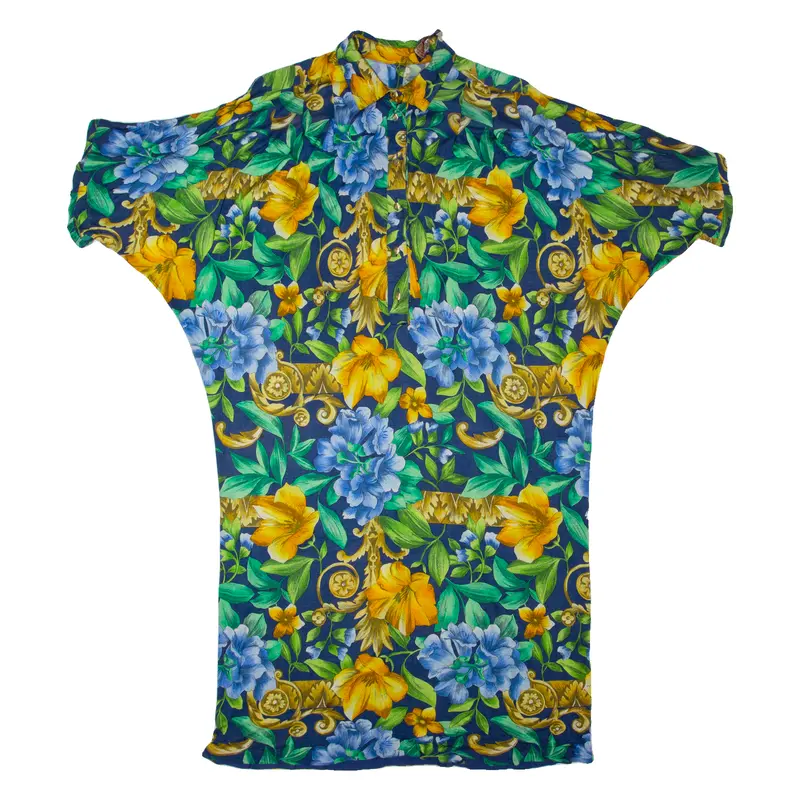 Botto Womens Shift Dress Blue 90S Floral Short Sleeve Midi L 1
