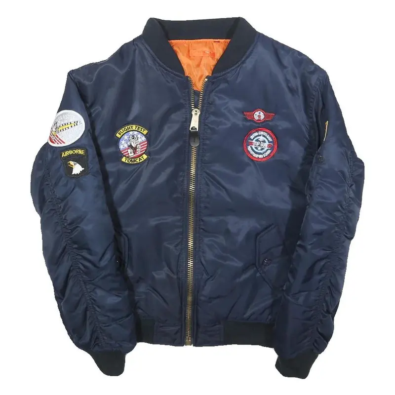 Boys Navy Flight Test Top Gun Patch Bomber Jacket 12Y Polyester Blend Zip 1