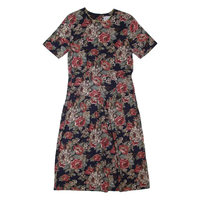 Brandywine Creek Womens A-Line Dress Blue 80S Floral Short Sleeve Long M 1