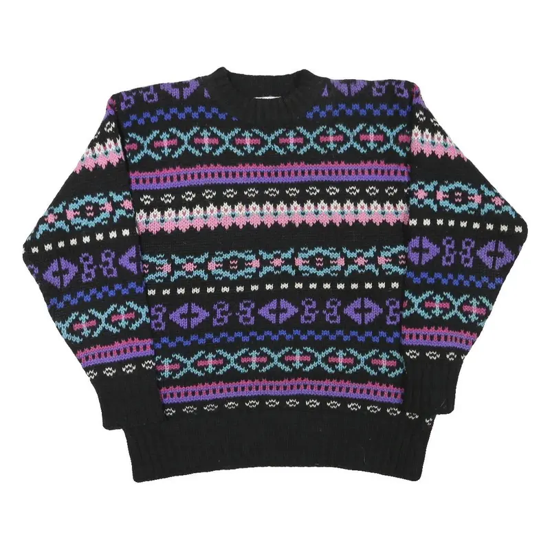Brass Plum Mens Black Patterned Wool Jumper Crew Neck Chunky Knit M Winter 1