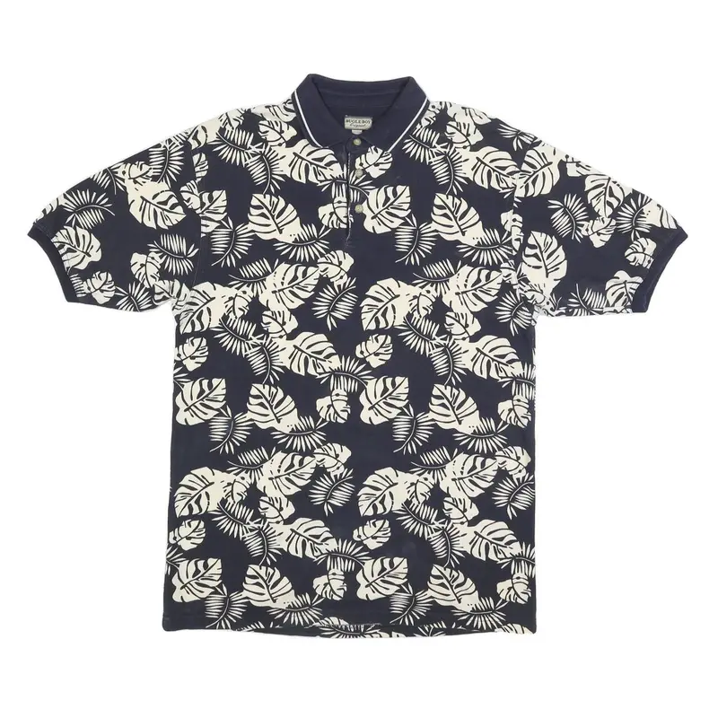 Bugle Boy Mens Navy & Cream Leaf Print Short Sleeve Polo Shirt L Cotton Blend 1