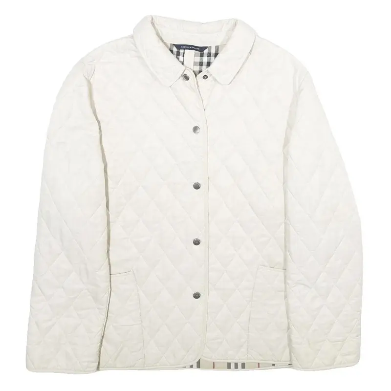 Burberry Womens White Quilted Button Jacket L Polyester Classic Lightweight 1