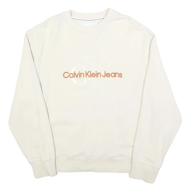 Calvin Klein Jeans Mens Cream Sweatshirt Crew Neck M Cotton Pullover Logo 1