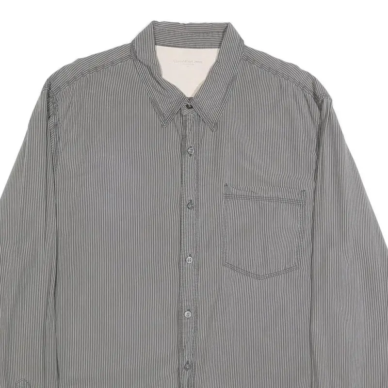 Calvin Klein Jeans Mens Grey & White Striped Shirt Xl Button Cotton Casual 2