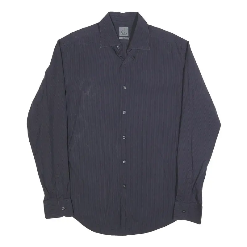 Calvin Klein Mens Black Pinstripe Shirt L Button Closure Long Sleeve Elegant Fit 1