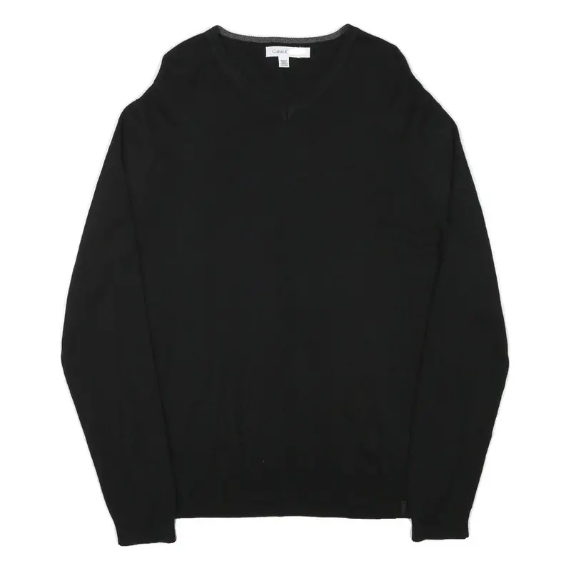 Calvin Klein Mens Black Plain V-Neck Basic Knit Jumper L Cotton Blend Soft 1