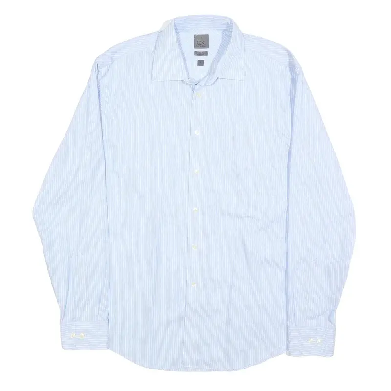 Calvin Klein Mens Blue & White Striped Shirt L Cotton Long Sleeve Classic 1