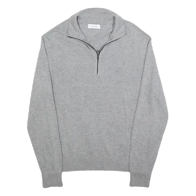 Calvin Klein Mens Grey Pullover Plain 1/4 Zip Jumper Cotton Blend M Slim Fit 1