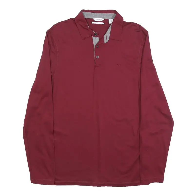 Calvin Klein Mens Maroon Long Sleeve Plain Polo Shirt M Classic Fit 1