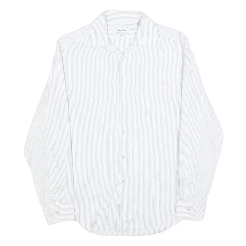 Calvin Klein Mens White & Grey Pinstripe Shirt M Formal Cotton Blend Long Sleeve 1