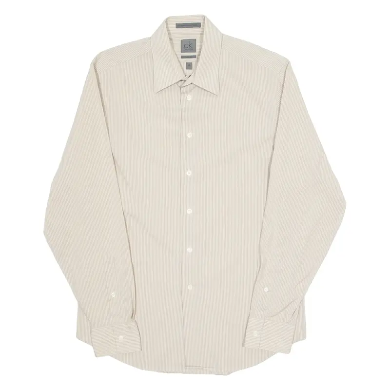 Calvin Klein Slim Fit Pinstripe Mens Shirt Beige Striped Long Sleeve M 1
