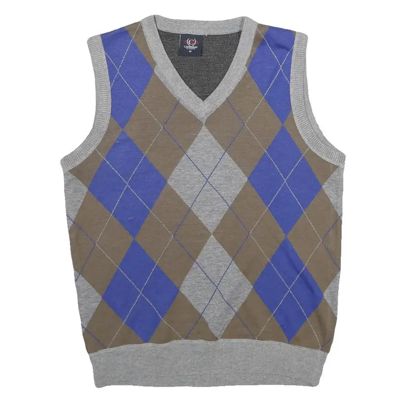 Cambridge Classics Mens Grey & Brown Argyle V-Neck Patterned Basic Knit M Jumper 1