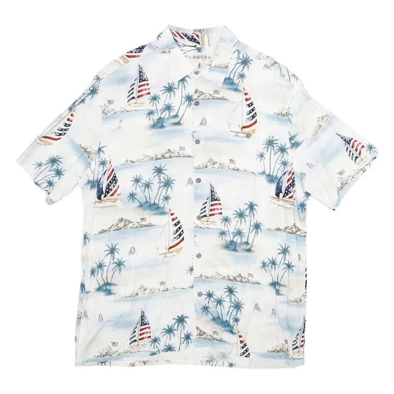 Campia Moda Mens White Blue Sailboat Print Rayon Shirt M Summer Vacation Style 1