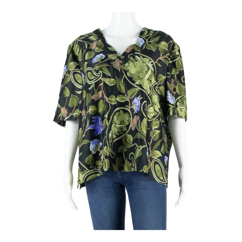 Canda Womens Printed Blouse Black V-Neck Floral Xl 1