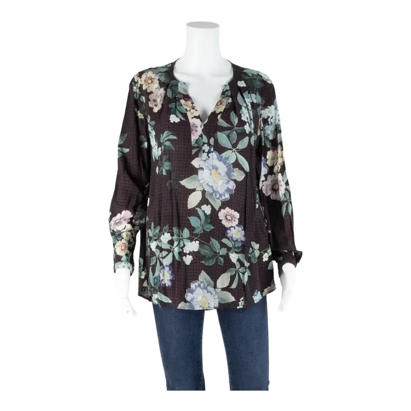 Cartoon Womens Printed Top Maroon V-Neck Long Sleeve Floral M 1