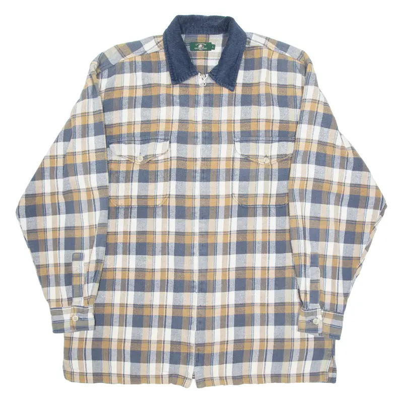 Casual Land Zip Up Mens Flannel Shirt Blue Check Long Sleeve L 1
