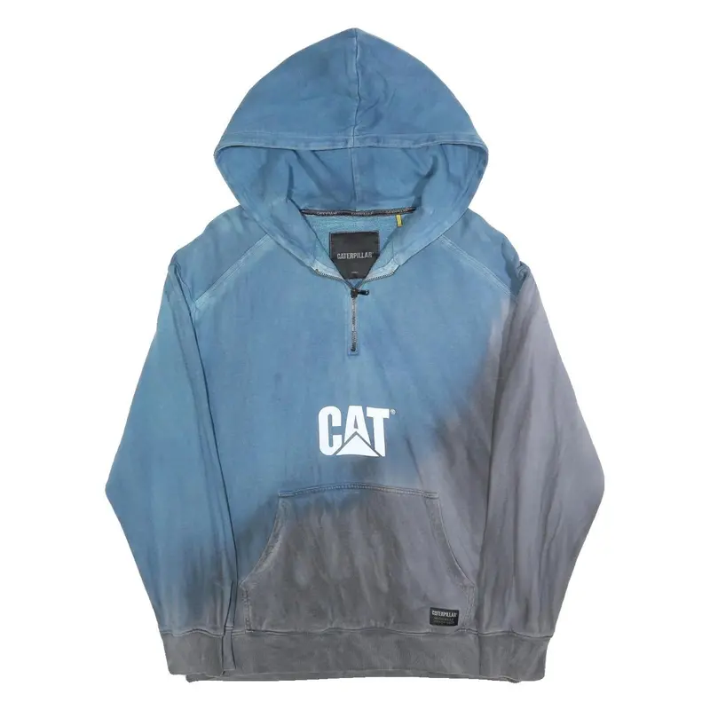 Caterpillar Mens Blue & Grey Hoodie S Cotton Blend Pullover Cat Logo Half Zip 1