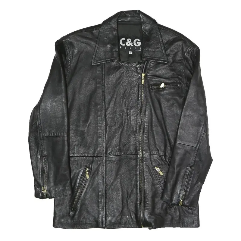 C&G Womens Black Biker Faux Leather Jacket M Zip Closure Plain Relaxed Fit 1