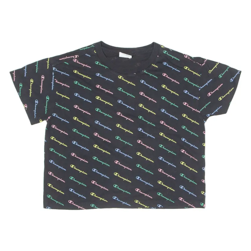 Champion All Over Print Cropped Girls T-Shirt Black Crew Neck Xl 1
