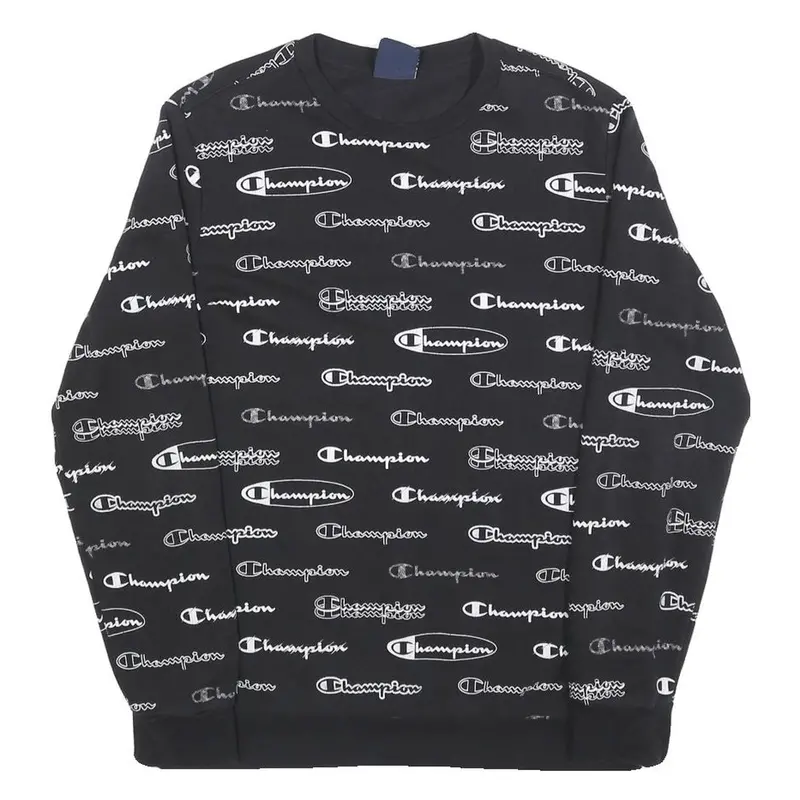Champion Boys Black Sweatshirt Crew Neck 13-14Y All-Over Logo Print Casual 1