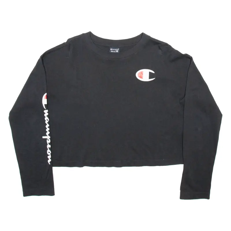 Champion Cropped Womens T-Shirt Black Long Sleeve M 1