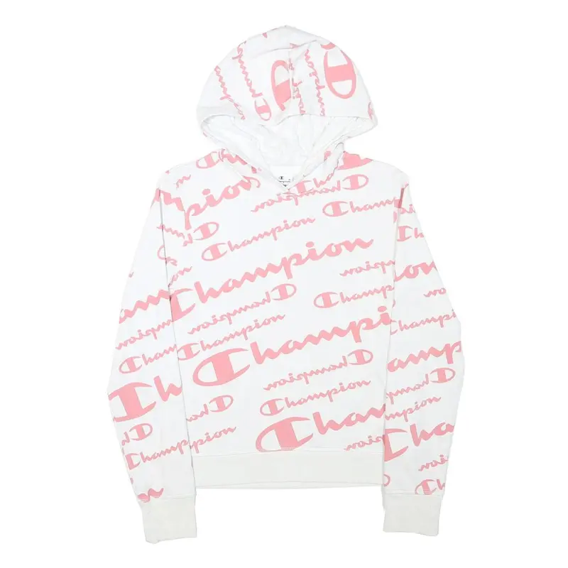 Champion Girls White & Pink All Over Logo Print Pullover Hoodie Xl 1