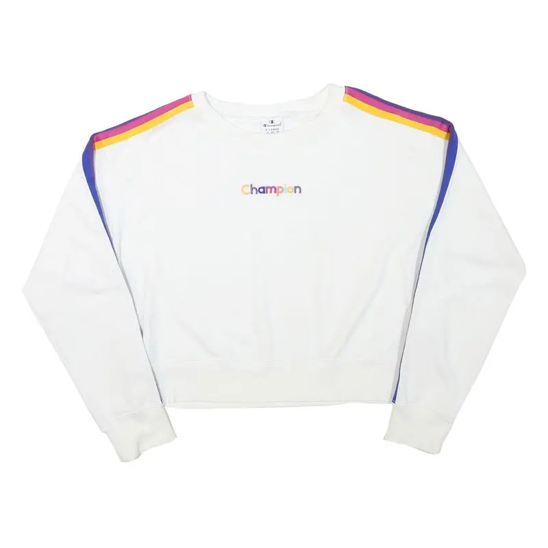 Champion Girls White Purple & Yellow Stripe Crew Neck Xl Sweatshirt Cotton Blend 1