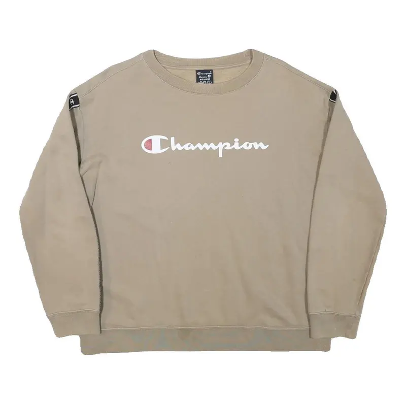 Champion Mens Beige Cotton Blend Crew Neck M Logo Tape Sleeve Sweatshirt 1