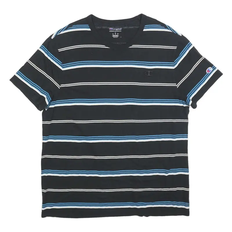 Champion Mens Black & Blue Striped T-Shirt L Short Sleeve Crew Neck Cotton Blend 1