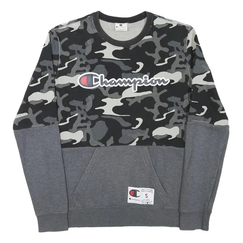 Champion Mens Black & Grey Camouflage Logo Crew Neck S Cotton Blend Sweatshirt 1