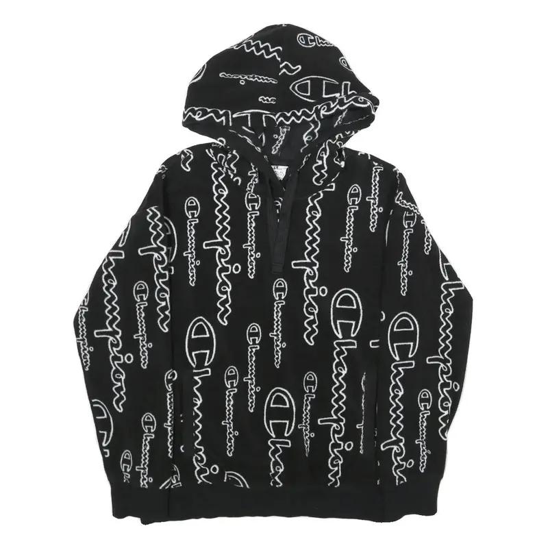 Champion Mens Black Hoodie Xs All Over Logo Print Pullover Zip Hoodie 1