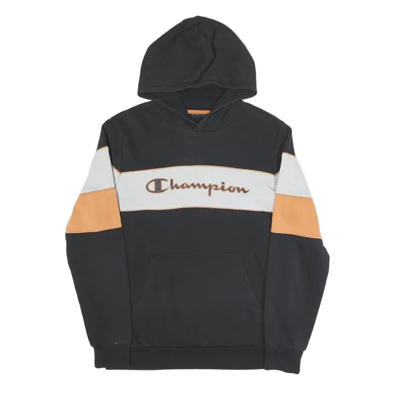 Champion Mens Black & Orange Panel Logo Pullover Hoodie S Cotton Blend 1