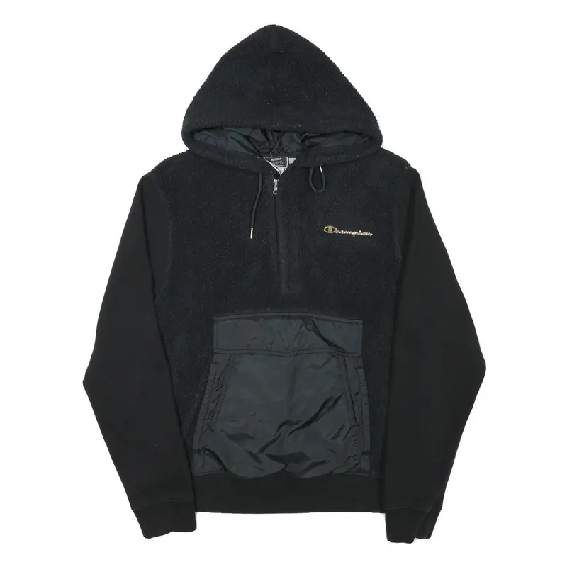 Champion Mens Black Polyester Blend Quarter Zip Hoodie M Sherpa Style Pocket 1