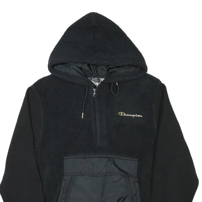 Champion Mens Black Polyester Blend Quarter Zip Hoodie M Sherpa Style Pocket 2